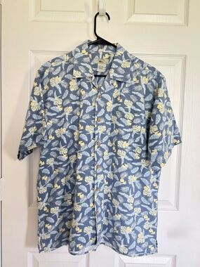 Foliage Mens L Hawaiian Shirt Linen Rayon Blue Hibiscus Palm Tropical Camp Top